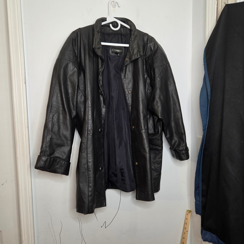 Comint‎ Vintage Black Leather Longline Jacket Snap Front Paneled Coat Womens 1X